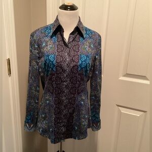 Robert Graham Small Vintage-Inspired Boho Chic Button-Down Shirt Bold Blue Print